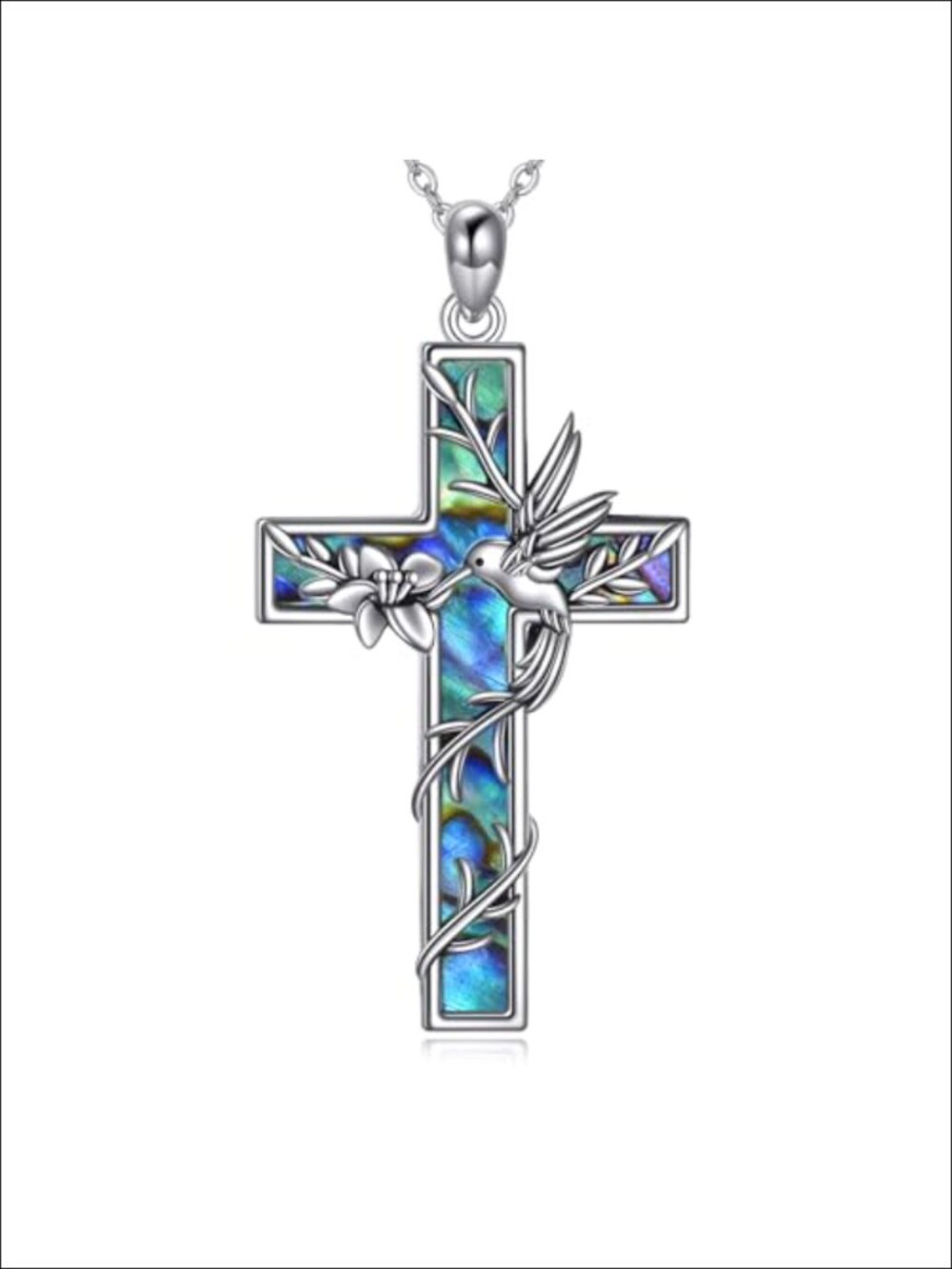 Hummingbird Necklace Sterling Silver Abalone Shell Cross Pendant 18in